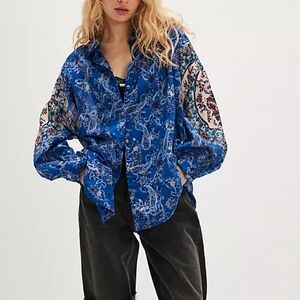 Free People Rose Bud Paisley Button Front Blouse Blue Oversized Top